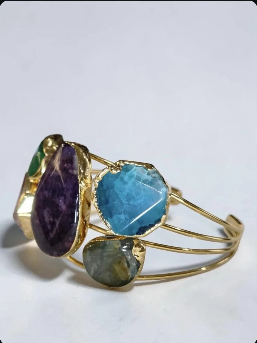 18k Gold Plated Chunky Artisan Agate Natural Stone Multi Color Cuff Bracelet